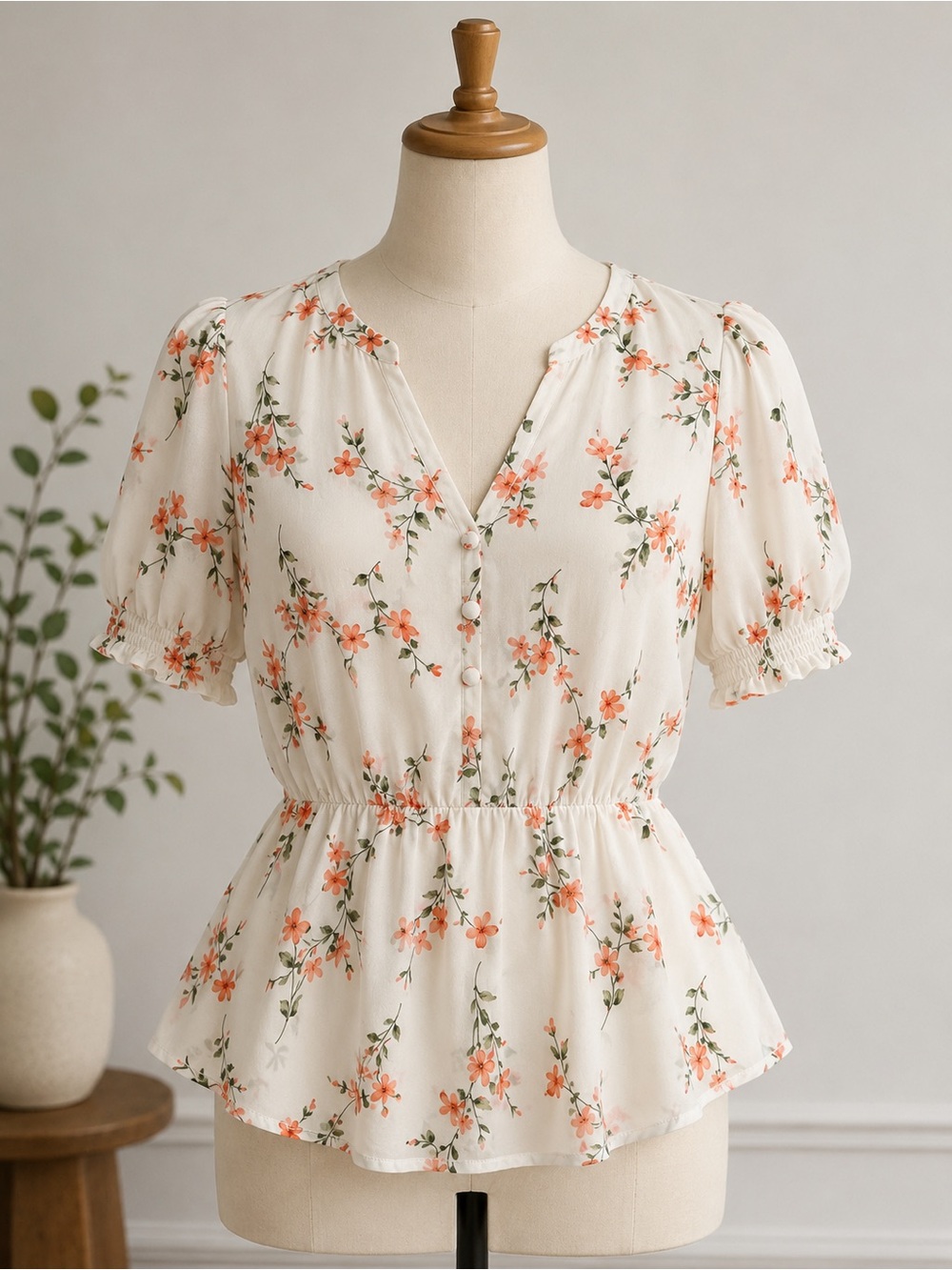 Sienna Sky Cream Button-Front Floral Peplum Blouse